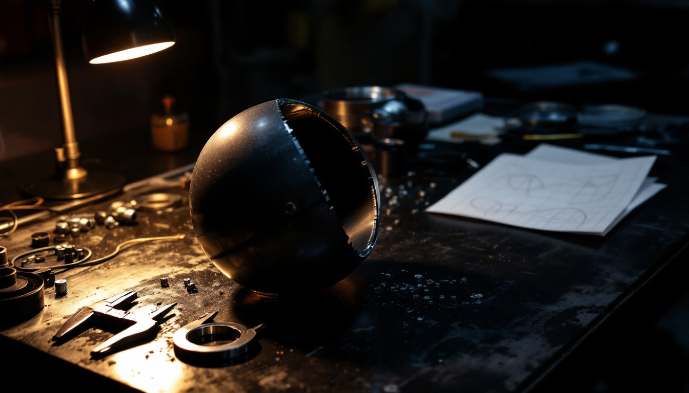 A workshop bench at night, a spherical hull section and machined parts laid out under a single lamp.