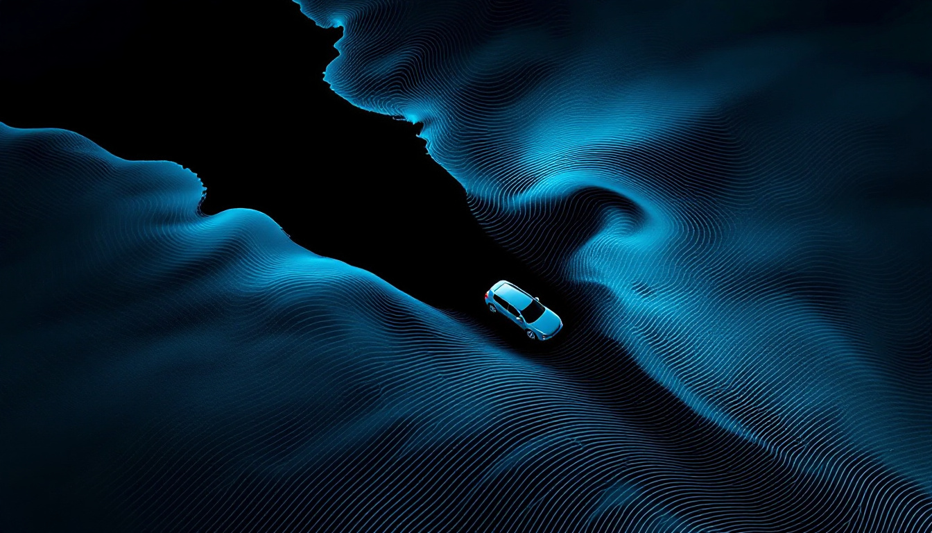 An illustration of a bathymetric survey: a lake bottom rendered in depth contours, with a submerged car resting on the slope of a drowned river channel.