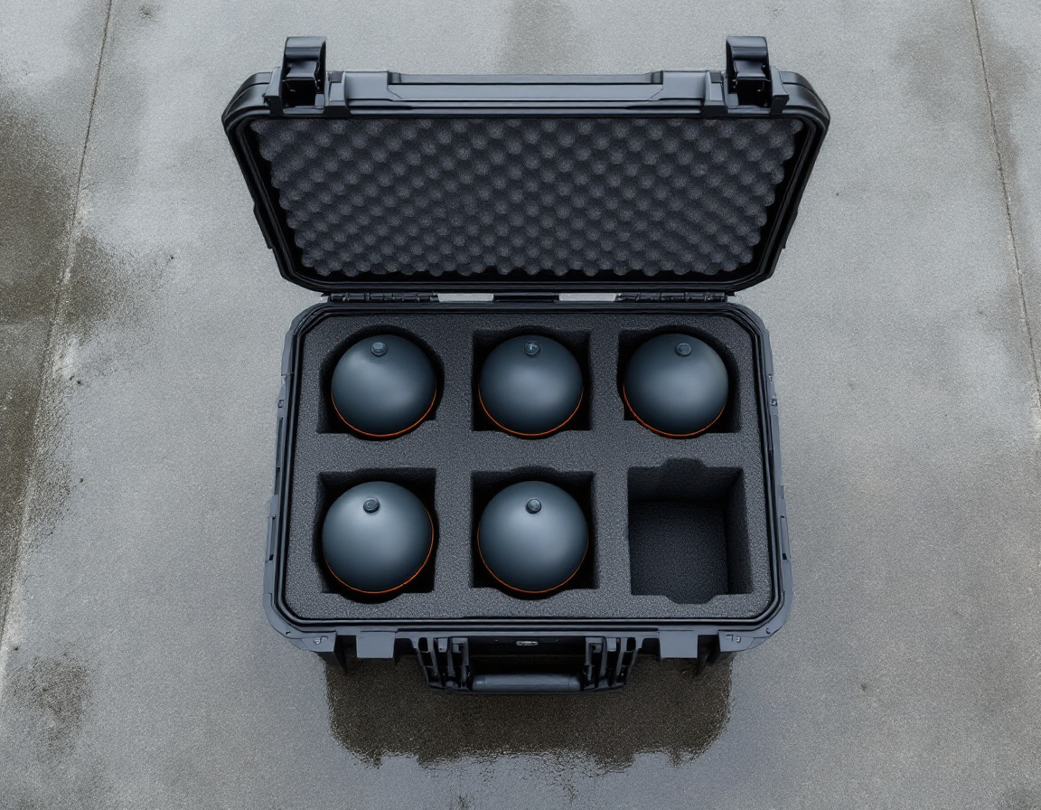 An open black hard case on wet concrete, six spherical nodes seated in cut foam, one recess empty.