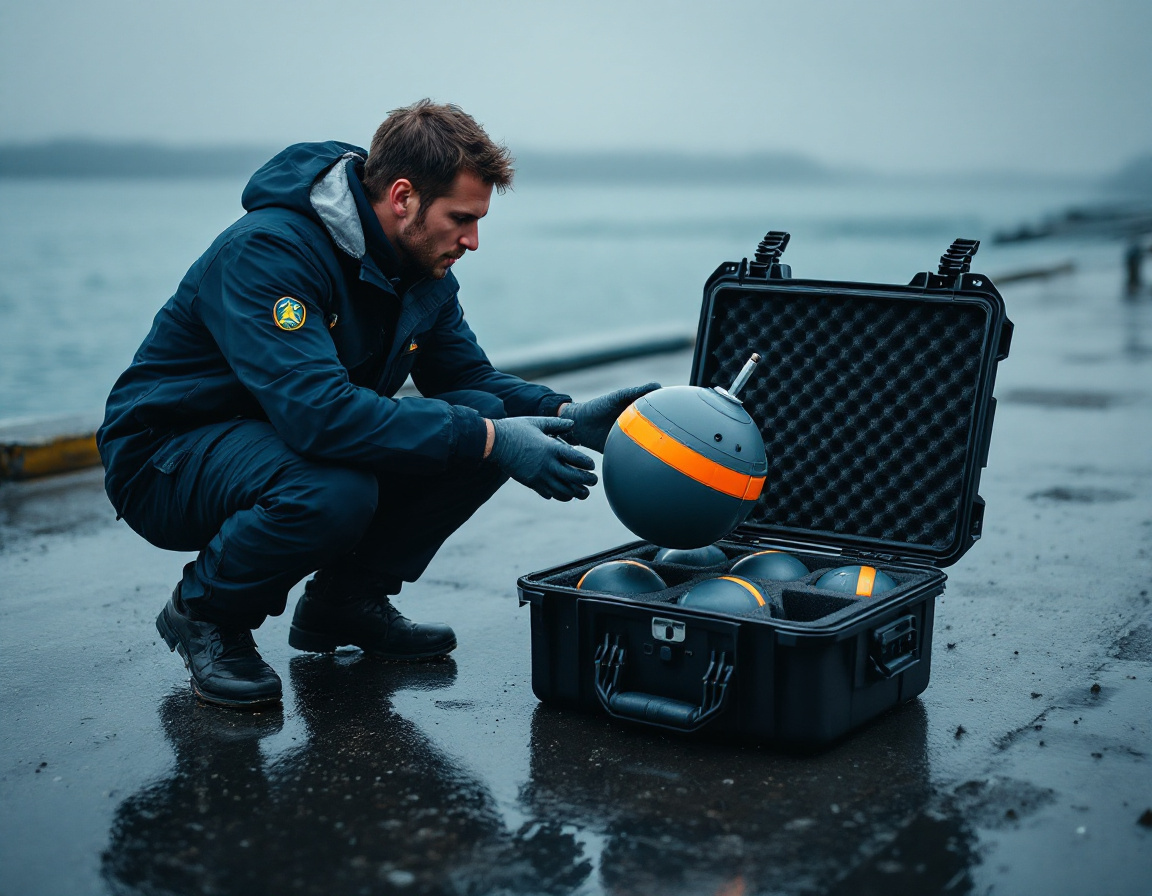 A search crew member lifting a spherical search node from an open hard case on a wet boat ramp, more nodes seated in the foam beside it.