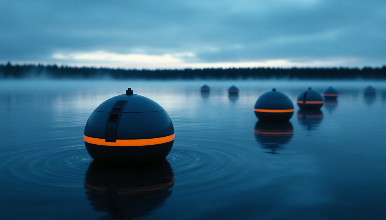 Six spherical orange-and-graphite search nodes spread in formation across dark open water at first light, each sitting low at the waterline.