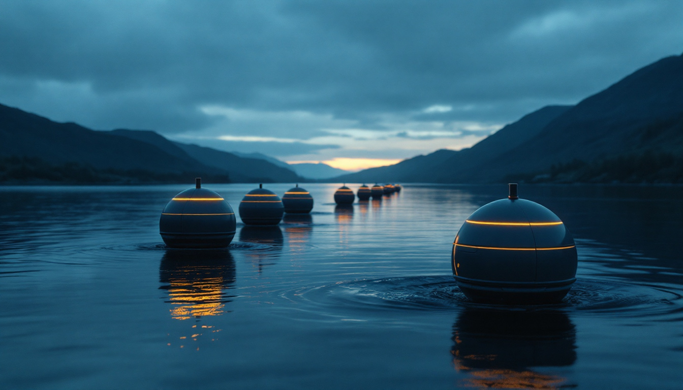 Six spherical search nodes holding a wide formation on a slow river at dusk, low hills on the far bank.