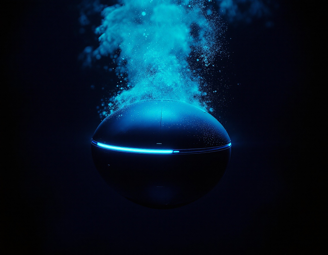 A dark spherical vehicle encircled by a smooth drive ring, descending in black water lit only by its own faint blue instrument glow.