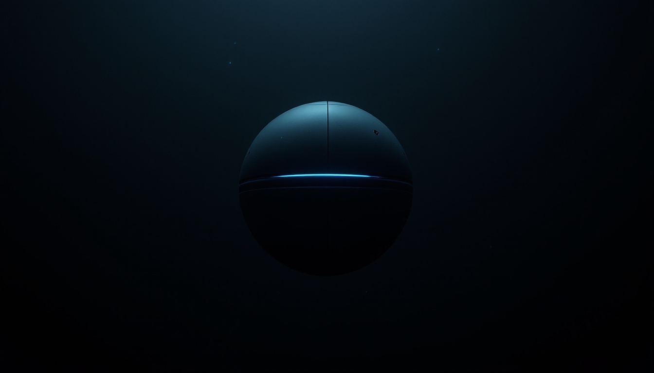 A dark spherical vehicle encircled by a smooth drive ring, suspended in black water and lit only by a faint blue glow from its own instruments.