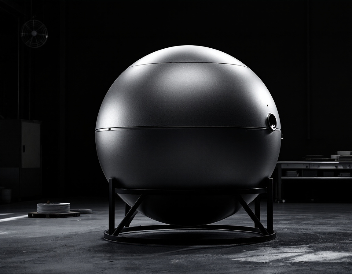 A machined spherical hull on a workshop stand, its outer drive ring seated flush in a groove around the equator.