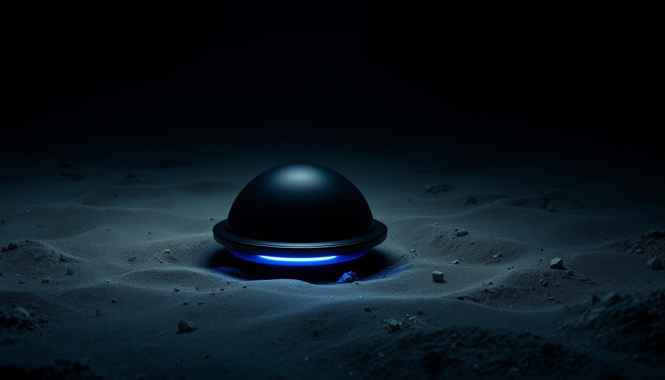 A spherical vehicle holding position a short distance above a silted trench floor in total darkness, its own light throwing a small pool onto the sediment.