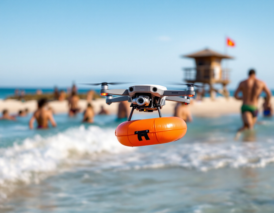 A small quadrotor holding station low over the surf line with a bright orange rescue tube slung beneath it, swimmers and a guard tower behind.