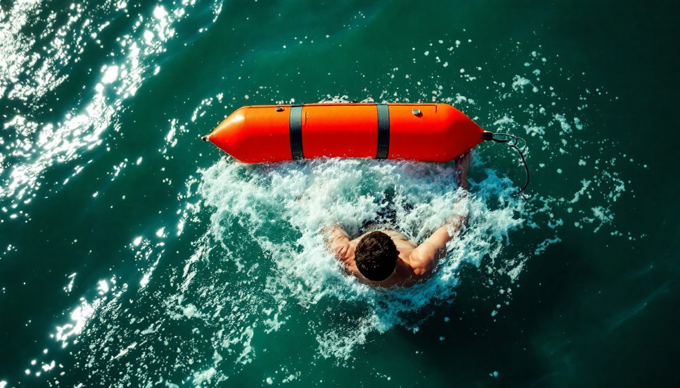 An orange flotation tube striking the water a few feet from a swimmer, the drone that released it visible above and behind.