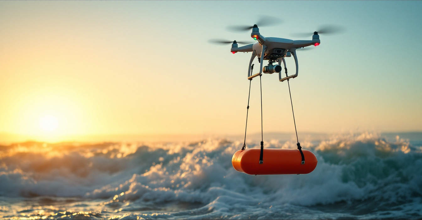 A small rescue drone holding station low over breaking surf at golden hour, a bright orange flotation tube slung beneath it.