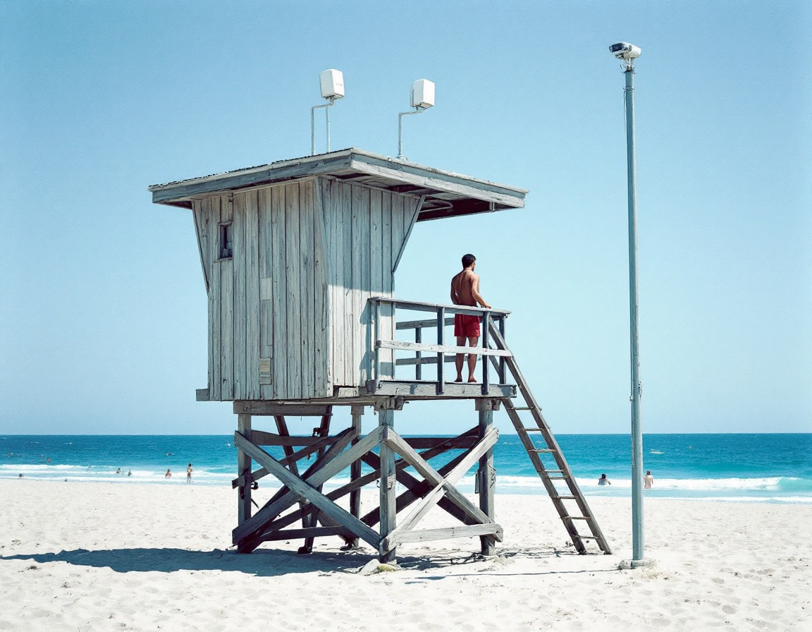 A lifeguard tower on a busy beach at midday with a slim camera mast beside it looking out over the swim area.